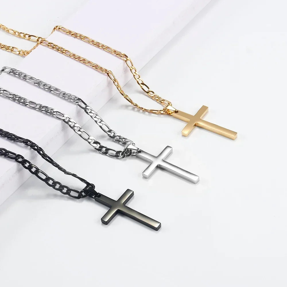 316L Stainless Steel Figaro Chain Necklace for Men Women Gold/ Silver Color Cross Pendant Waterproof Necklaces Fashion Jewelry