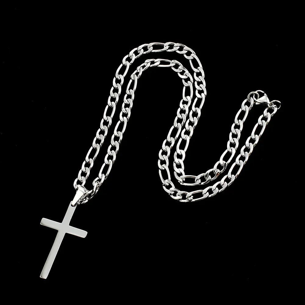 316L Stainless Steel Figaro Chain Necklace for Men Women Gold/ Silver Color Cross Pendant Waterproof Necklaces Fashion Jewelry